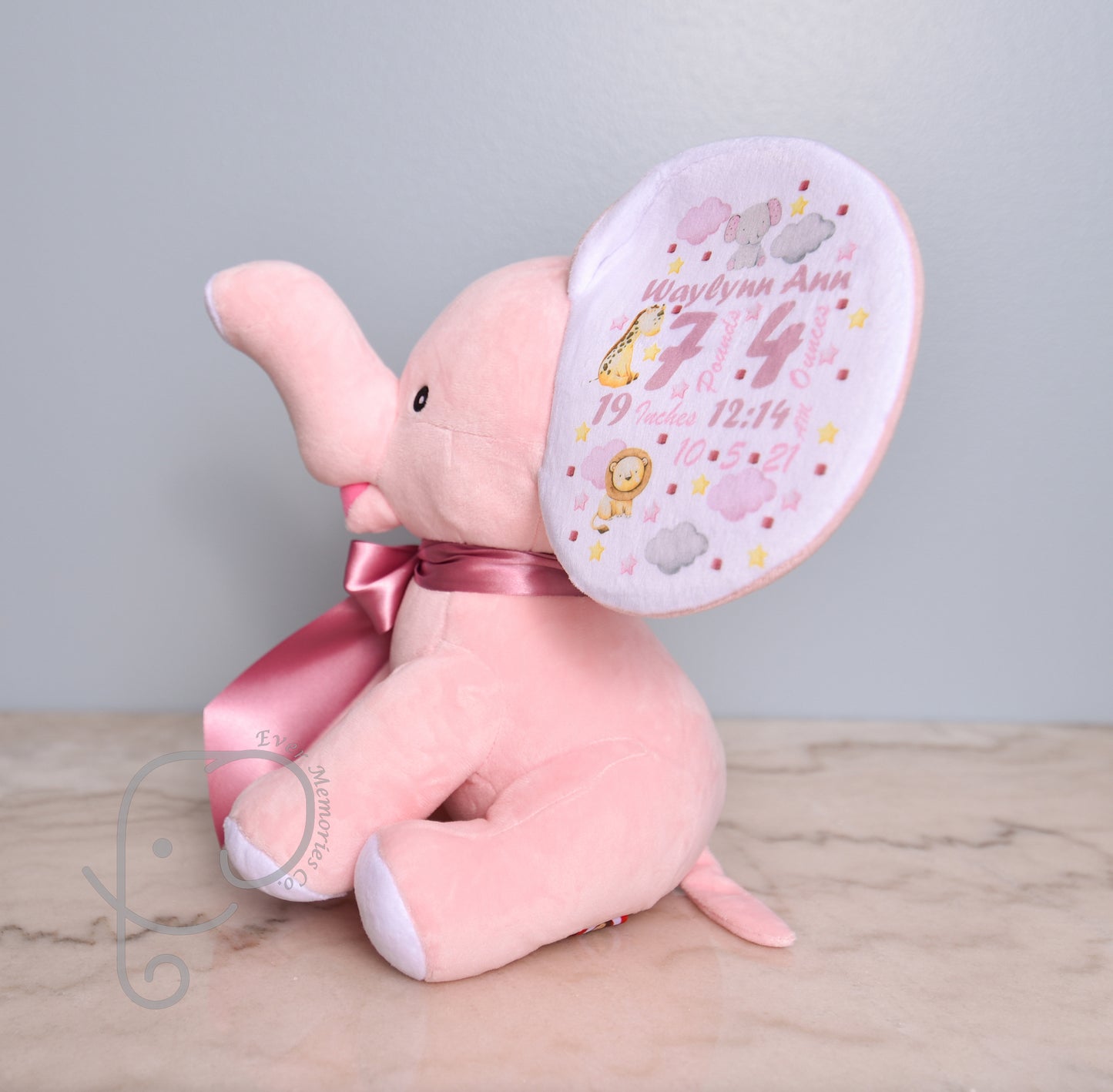 Baby Girl Variation, Safari Design, Personalized Stuffed Elephant, Birth Stats