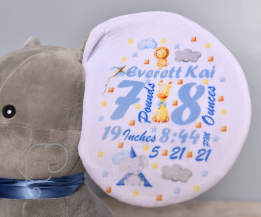 Baby Boy Variation, Safari Design, Personalized Stuffed Elephant with Birth Stats