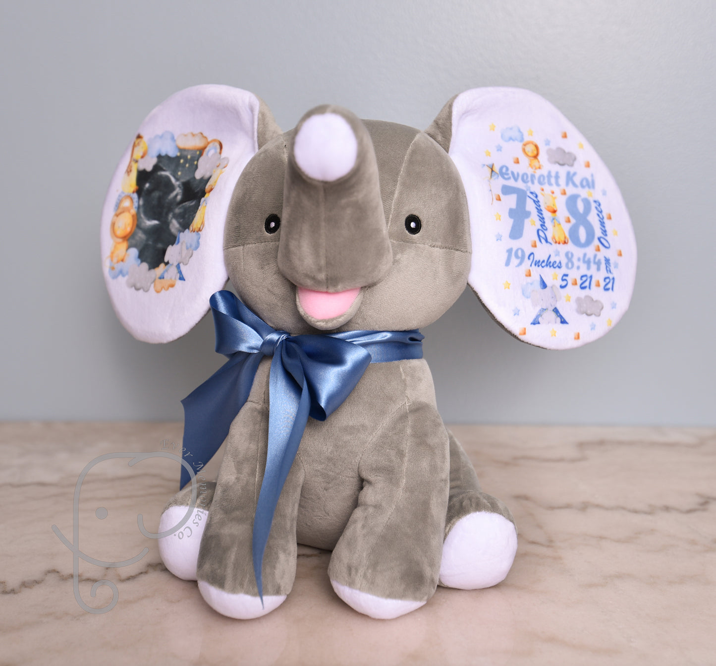 Baby Boy Variation, Safari Design, Personalized Stuffed Elephant with Birth Stats