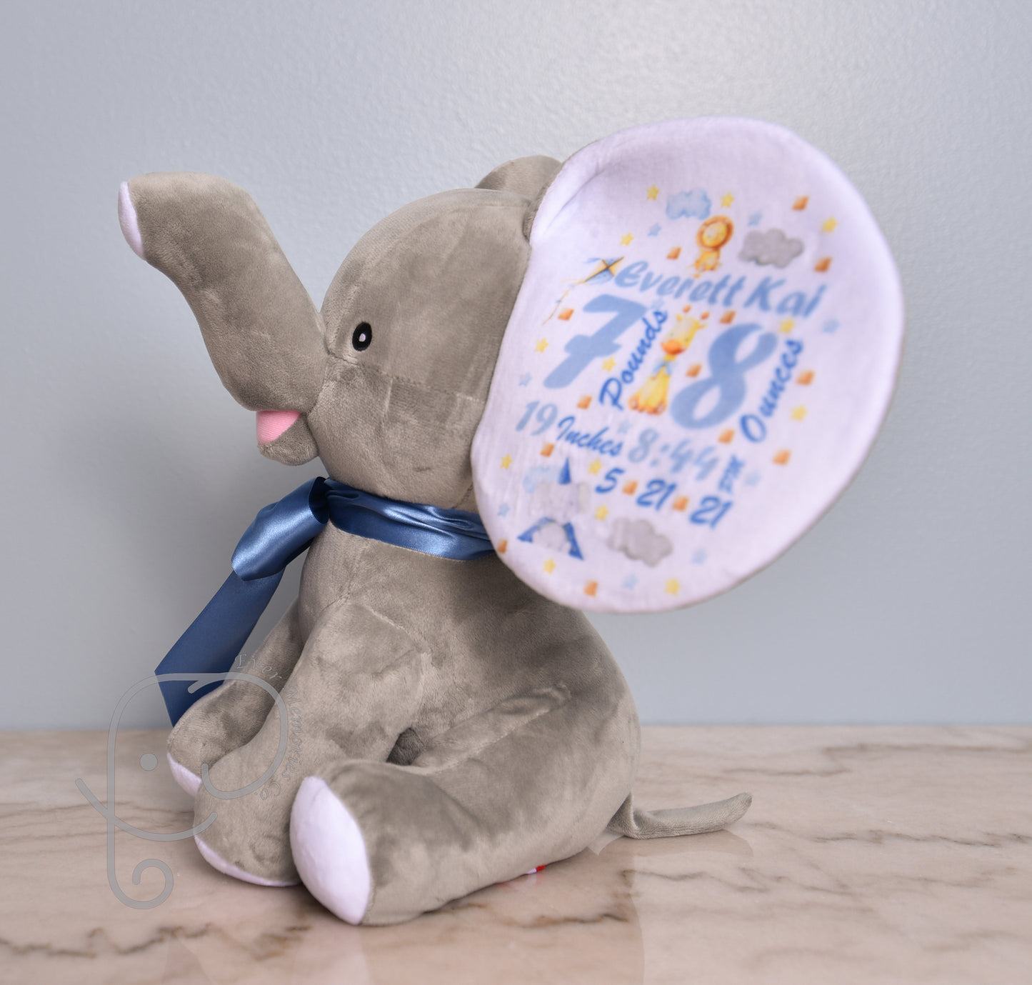 Baby Boy Variation, Safari Design, Personalized Stuffed Elephant with Birth Stats