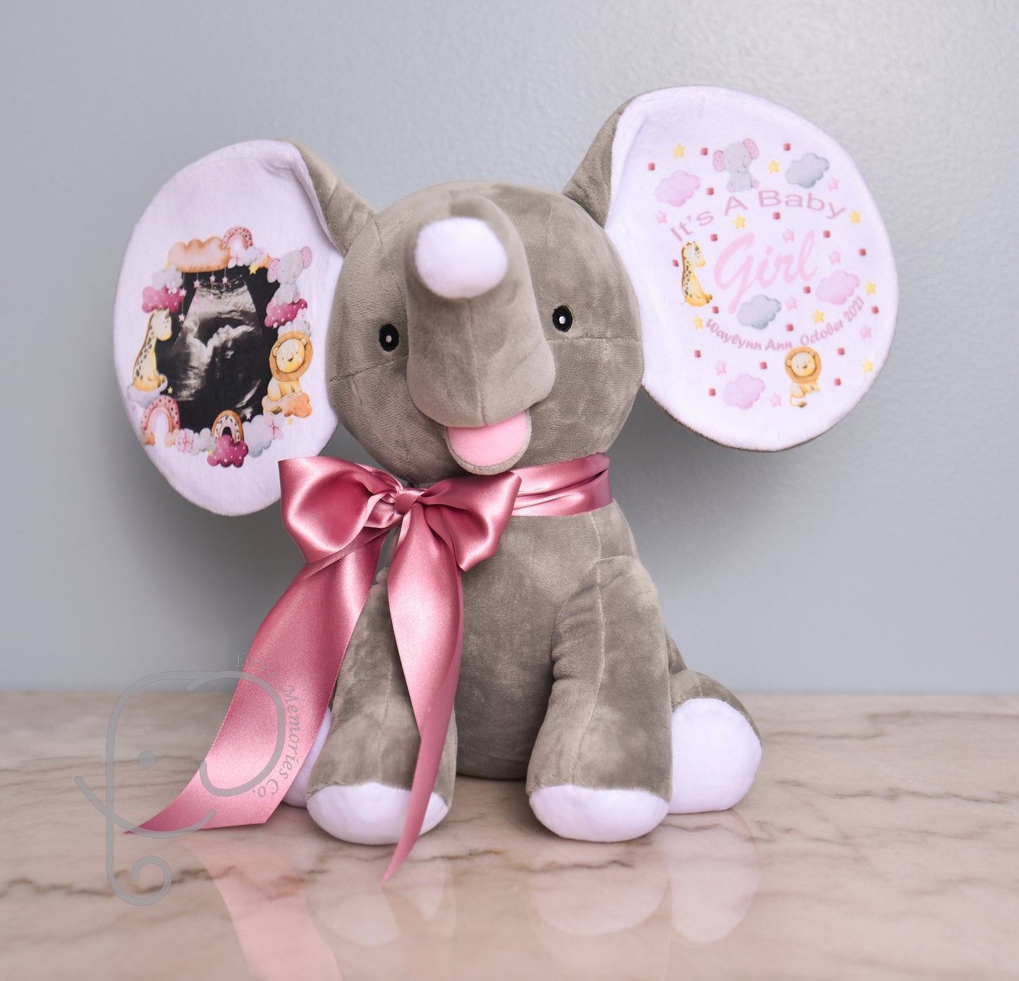 It's a Girl, Safari theme, Personalized Stuffed Elephant