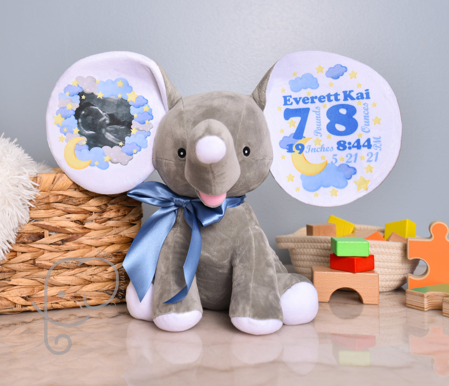 Baby Boy Variation, Moon and Star Design, Personalized Stuffed Elephant with Birth Stats