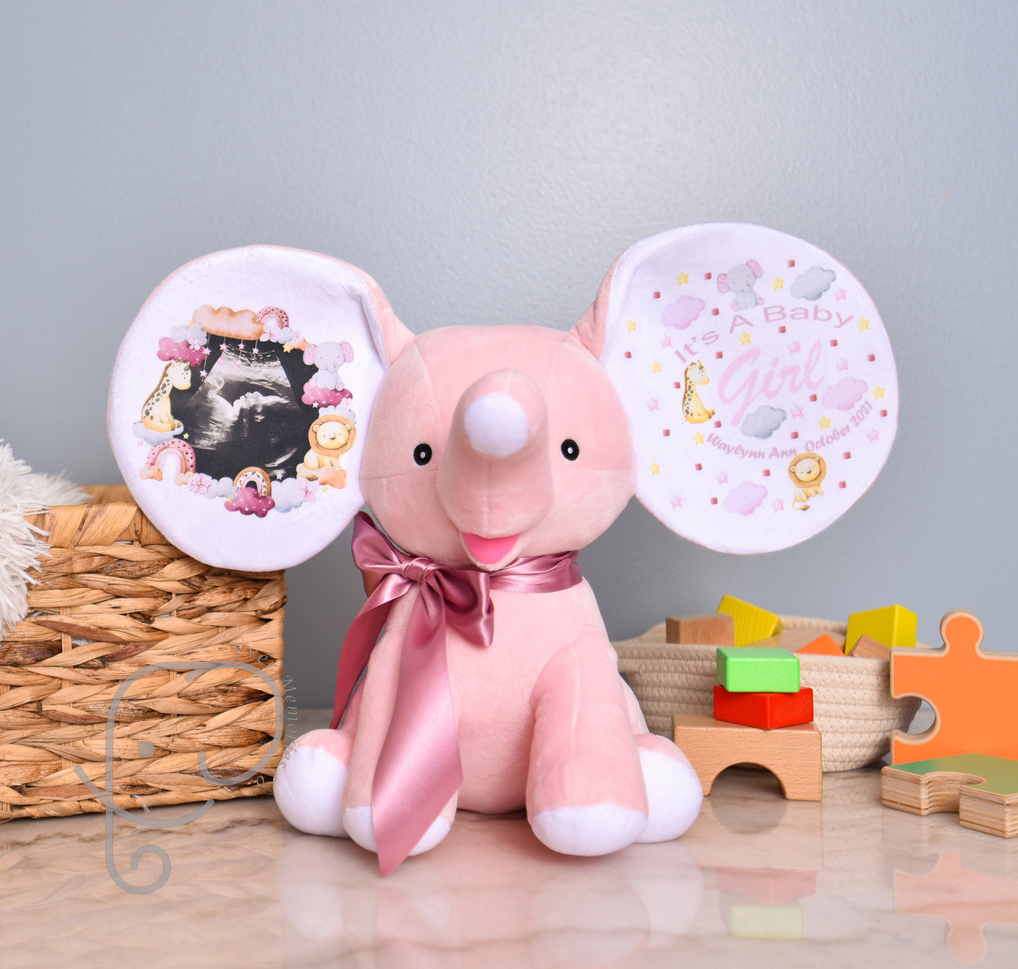 It's a Girl, Safari theme, Personalized Stuffed Elephant