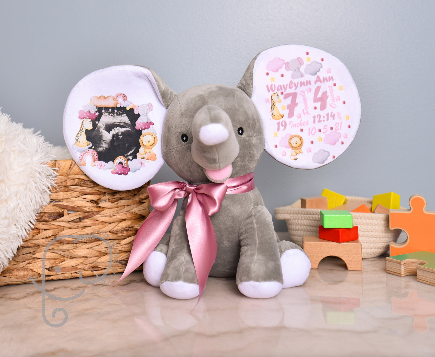 Baby Girl Variation, Safari Design, Personalized Stuffed Elephant, Birth Stats