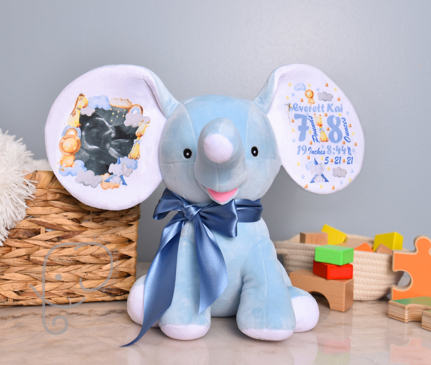 Baby Boy Variation, Safari Design, Personalized Stuffed Elephant with Birth Stats