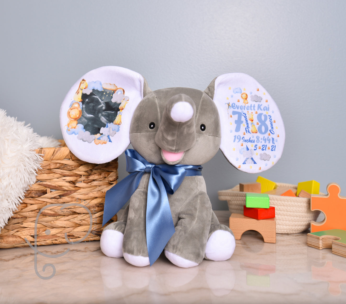 Baby Boy Variation, Safari Design, Personalized Stuffed Elephant with Birth Stats