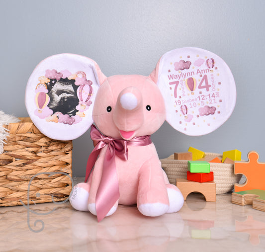 Baby Girl Variation, Hot Air Balloon Design, Personalized Stuffed Elephant with Birth Stats