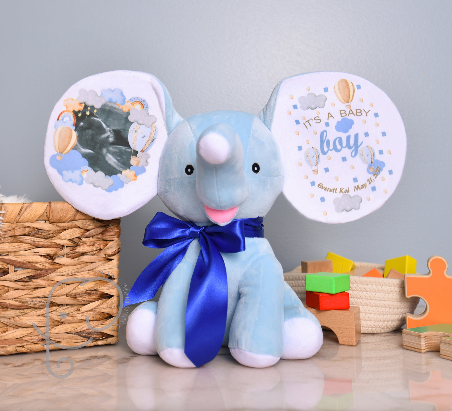 It's A Boy, Hot Air Balloon theme, Personalized Stuffed Elephant, Baby Announcement