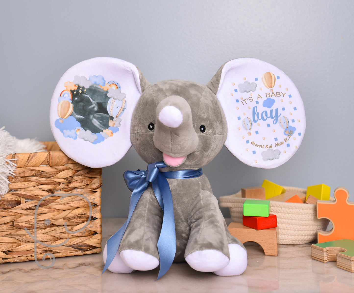 It's A Boy, Hot Air Balloon theme, Personalized Stuffed Elephant, Baby Announcement