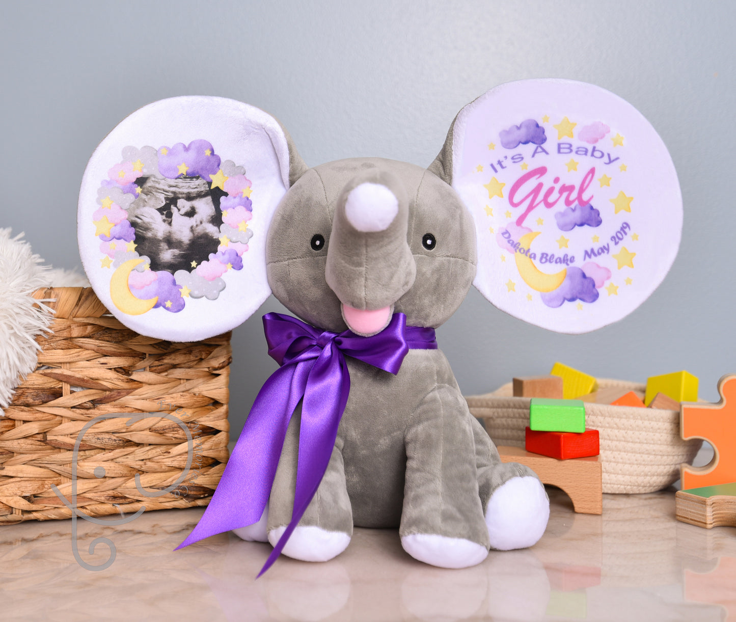 It's A Girl, Moon and Star Theme, Personalized Stuffed Elephant, Baby Announcement