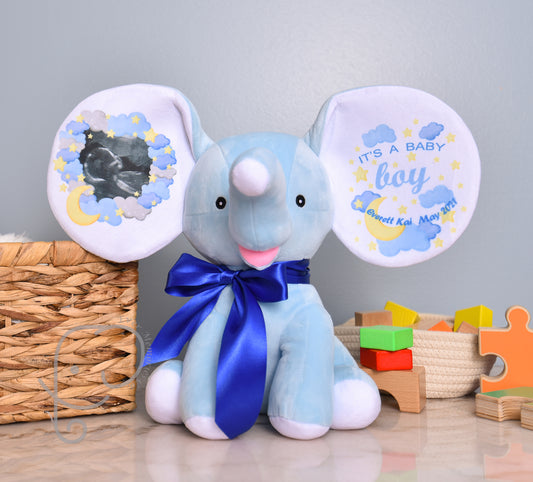 It's A Boy, Moon and Star Theme, Personalized Stuffed Elephant, Baby Announcement