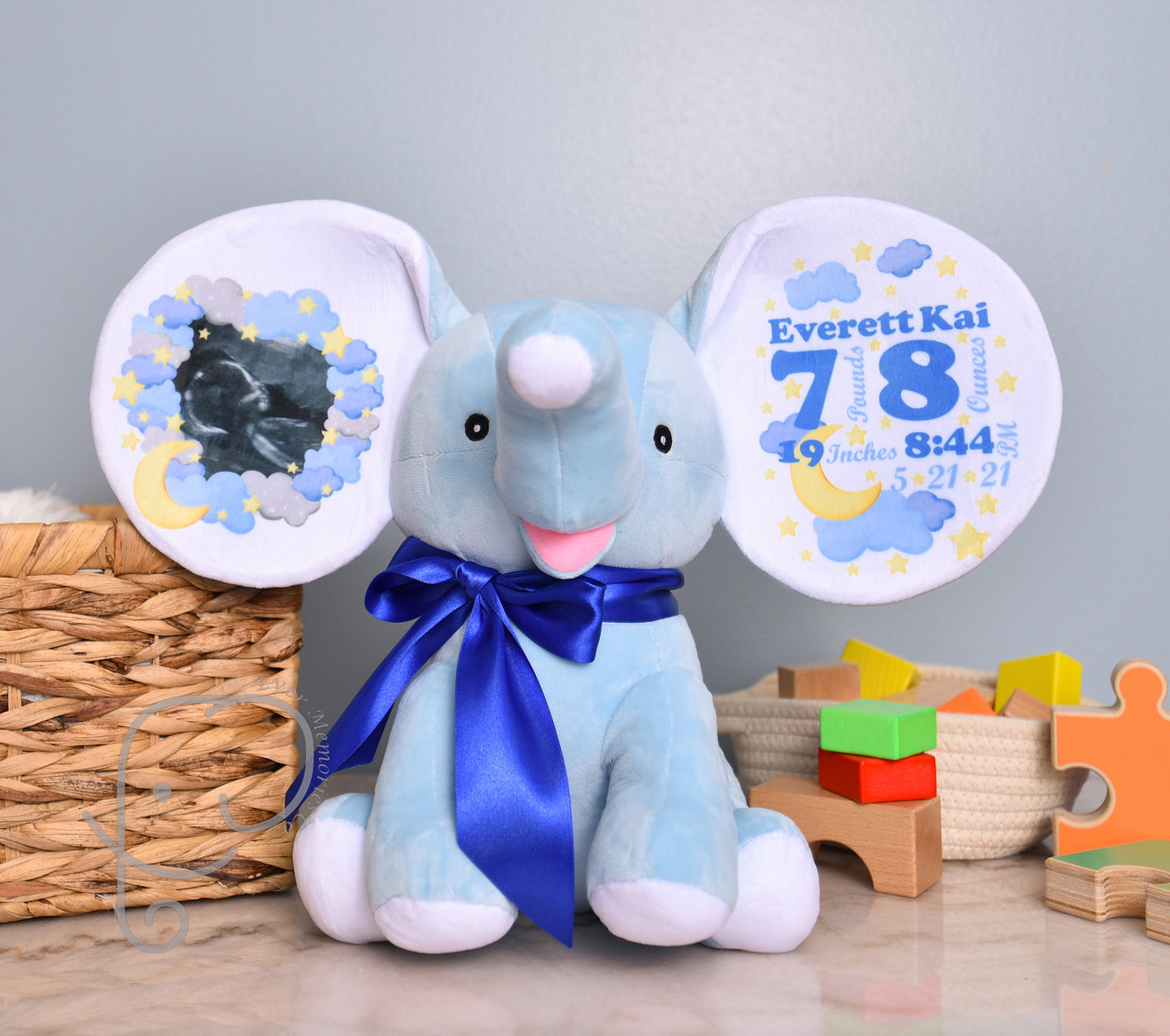 Baby Boy Variation, Moon and Star Design, Personalized Stuffed Elephant with Birth Stats