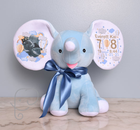 Baby Boy Variation, Hot Air Balloon Design, Personalized Stuffed Elephant with Birth Stats