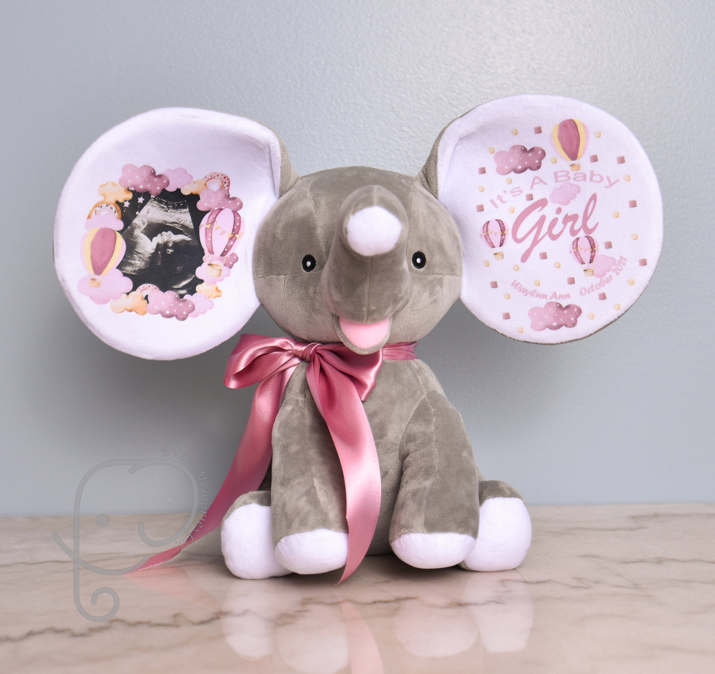 It's A Girl, Hot Air Balloon Theme, Personalized Stuffed Elephant, Baby Announcement