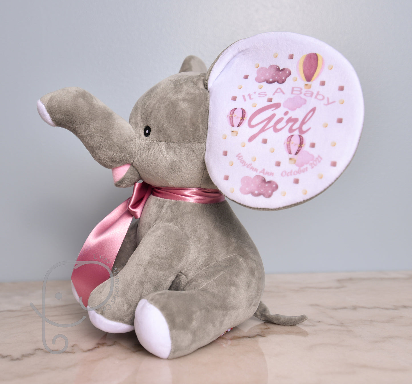 It's A Girl, Hot Air Balloon Theme, Personalized Stuffed Elephant, Baby Announcement