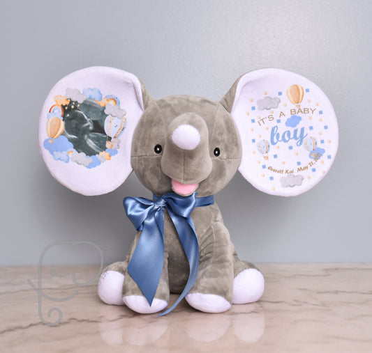 It's A Boy, Hot Air Balloon theme, Personalized Stuffed Elephant, Baby Announcement