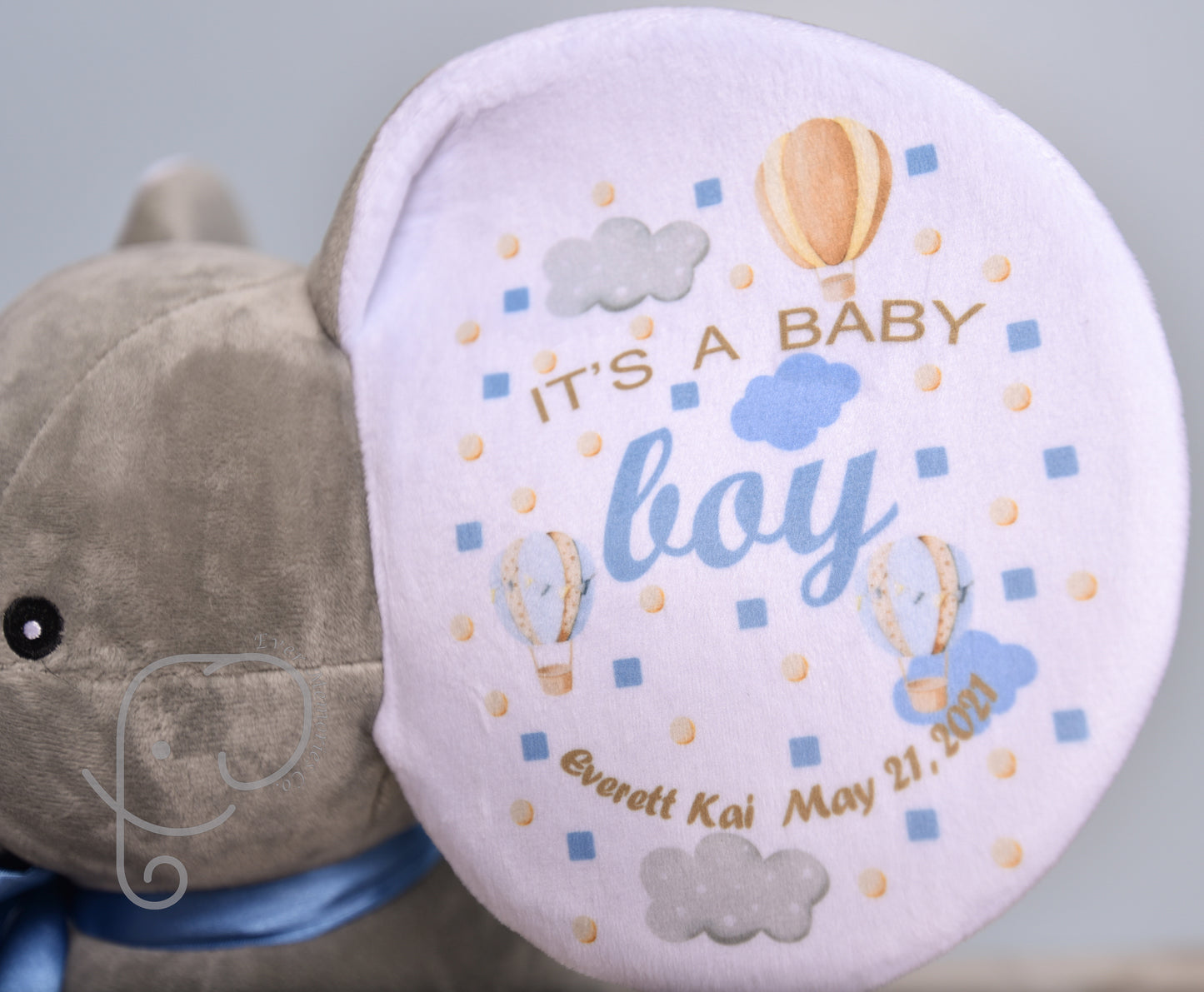 It's A Boy, Hot Air Balloon theme, Personalized Stuffed Elephant, Baby Announcement