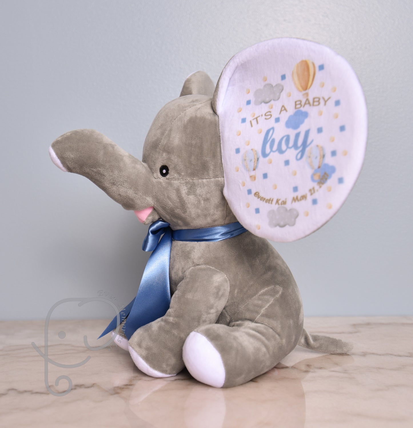 It's A Boy, Hot Air Balloon theme, Personalized Stuffed Elephant, Baby Announcement