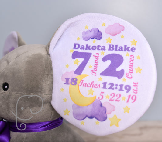 Baby Girl Variation, Moon and Star Design, Personalized Elephant with Birth Stats
