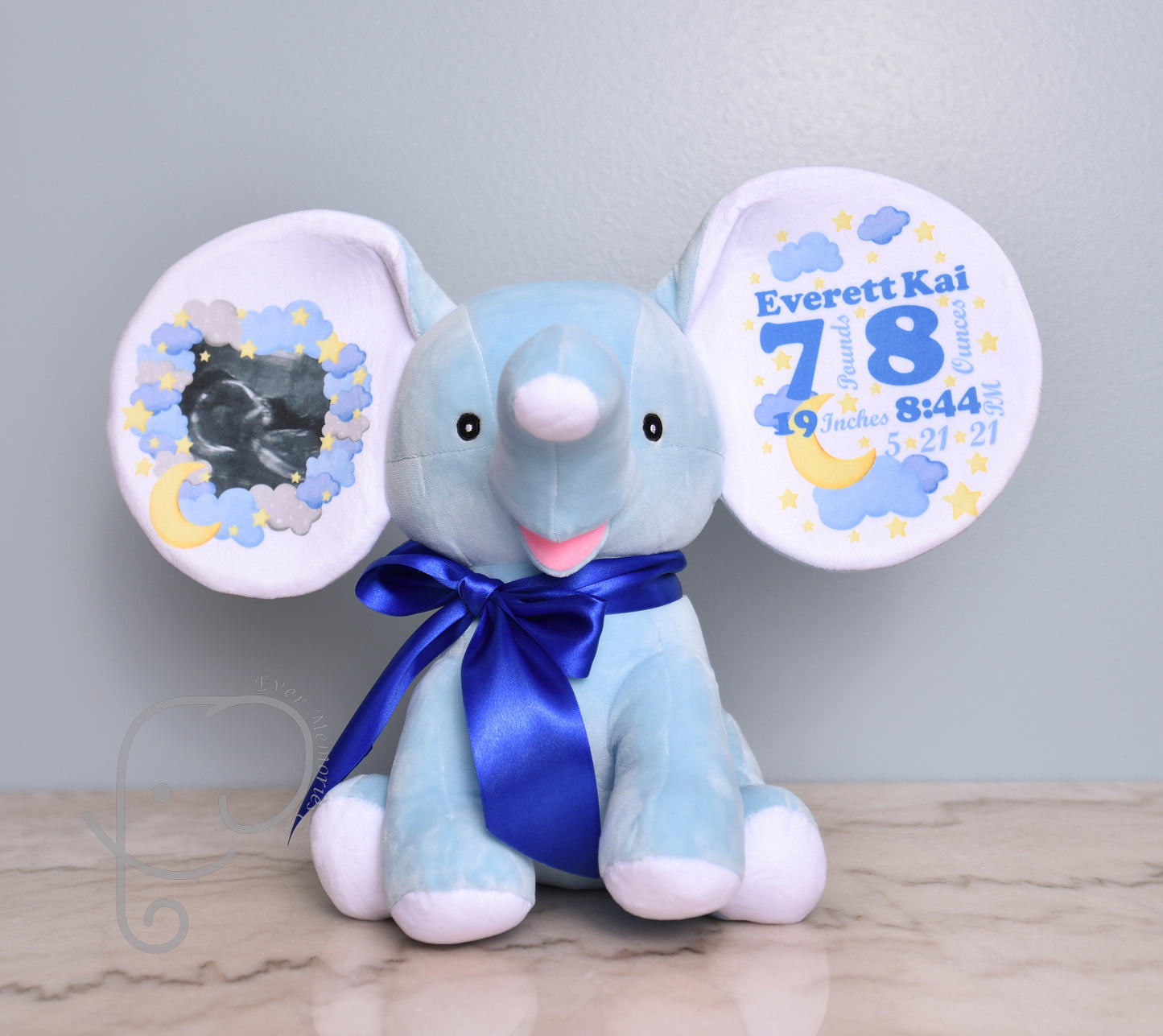 Baby Boy Variation, Moon and Star Design, Personalized Stuffed Elephant with Birth Stats