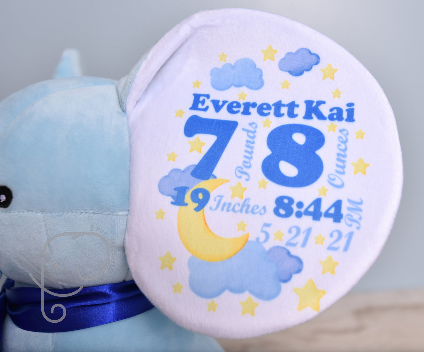 Baby Boy Variation, Moon and Star Design, Personalized Stuffed Elephant with Birth Stats