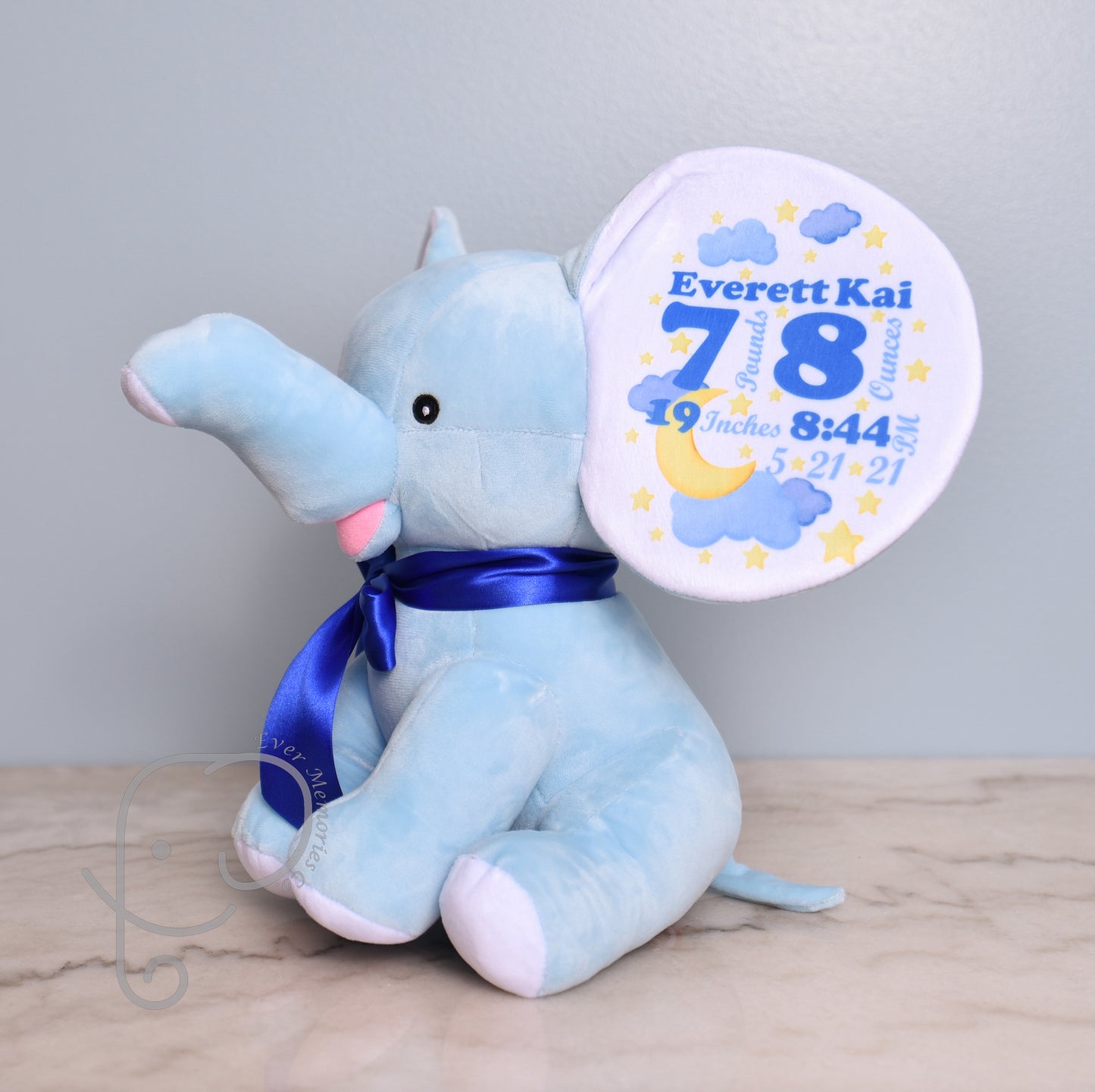 Baby Boy Variation, Moon and Star Design, Personalized Stuffed Elephant with Birth Stats