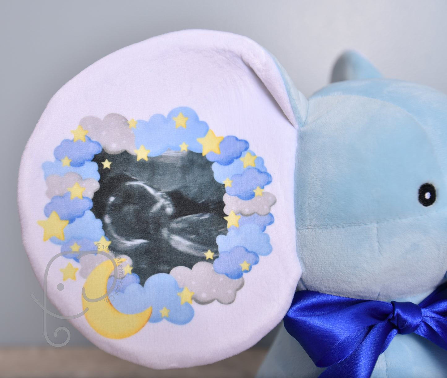 Baby Boy Variation, Moon and Star Design, Personalized Stuffed Elephant with Birth Stats