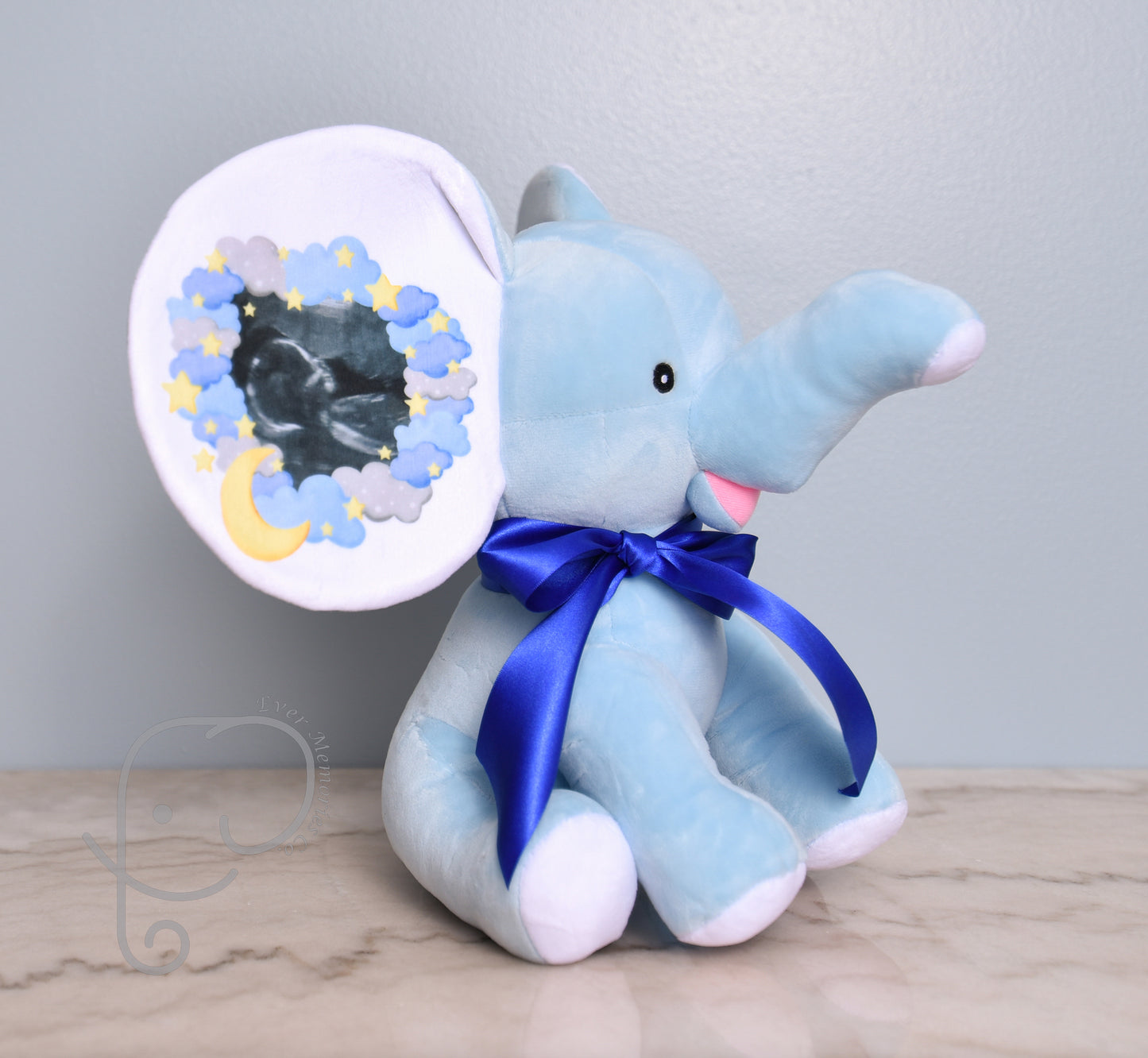 Baby Boy Variation, Moon and Star Design, Personalized Stuffed Elephant with Birth Stats