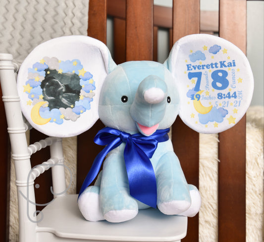 Baby Boy Variation, Moon and Star Design, Personalized Stuffed Elephant with Birth Stats