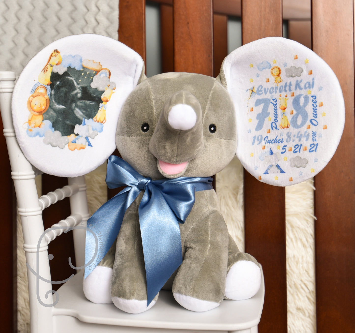 Baby Boy Variation, Safari Design, Personalized Stuffed Elephant with Birth Stats