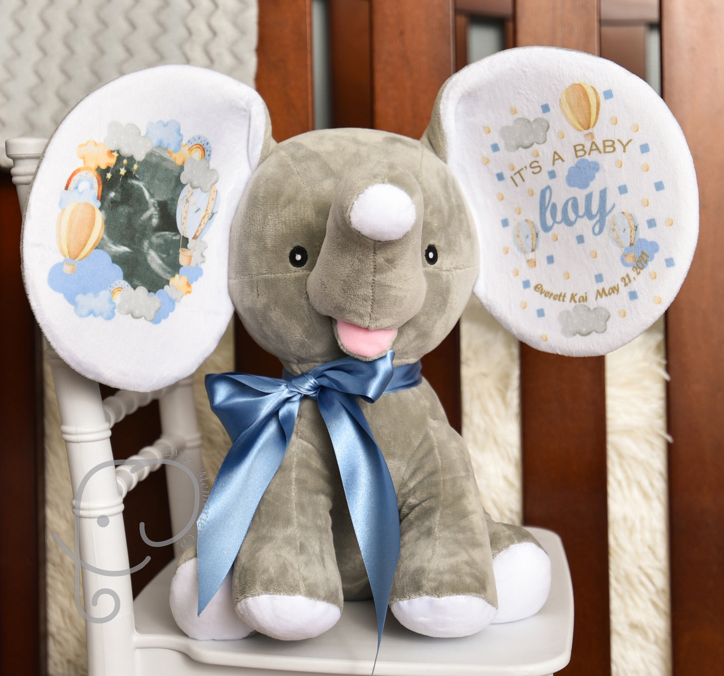 It's A Boy, Hot Air Balloon theme, Personalized Stuffed Elephant, Baby Announcement